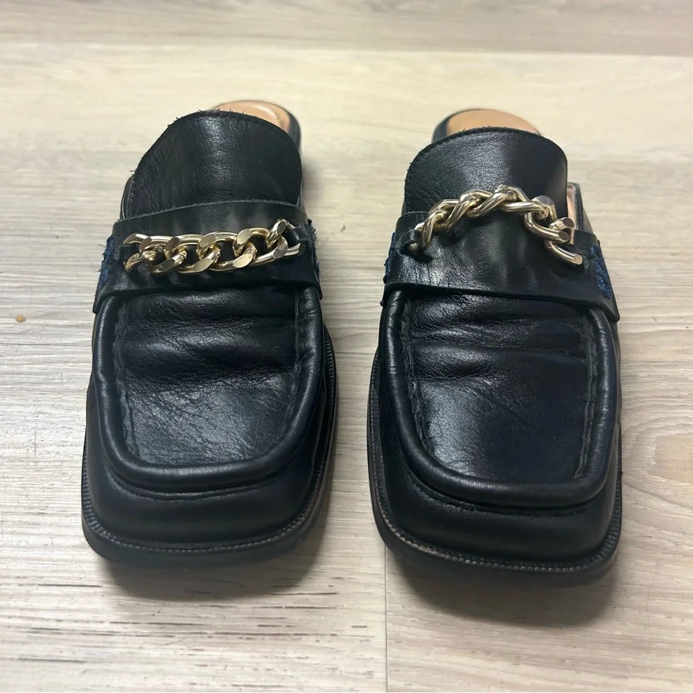 Anthropologie Maeve Shoes Loafers Black Leather Flats Gold Chain Women 37 US 6.5